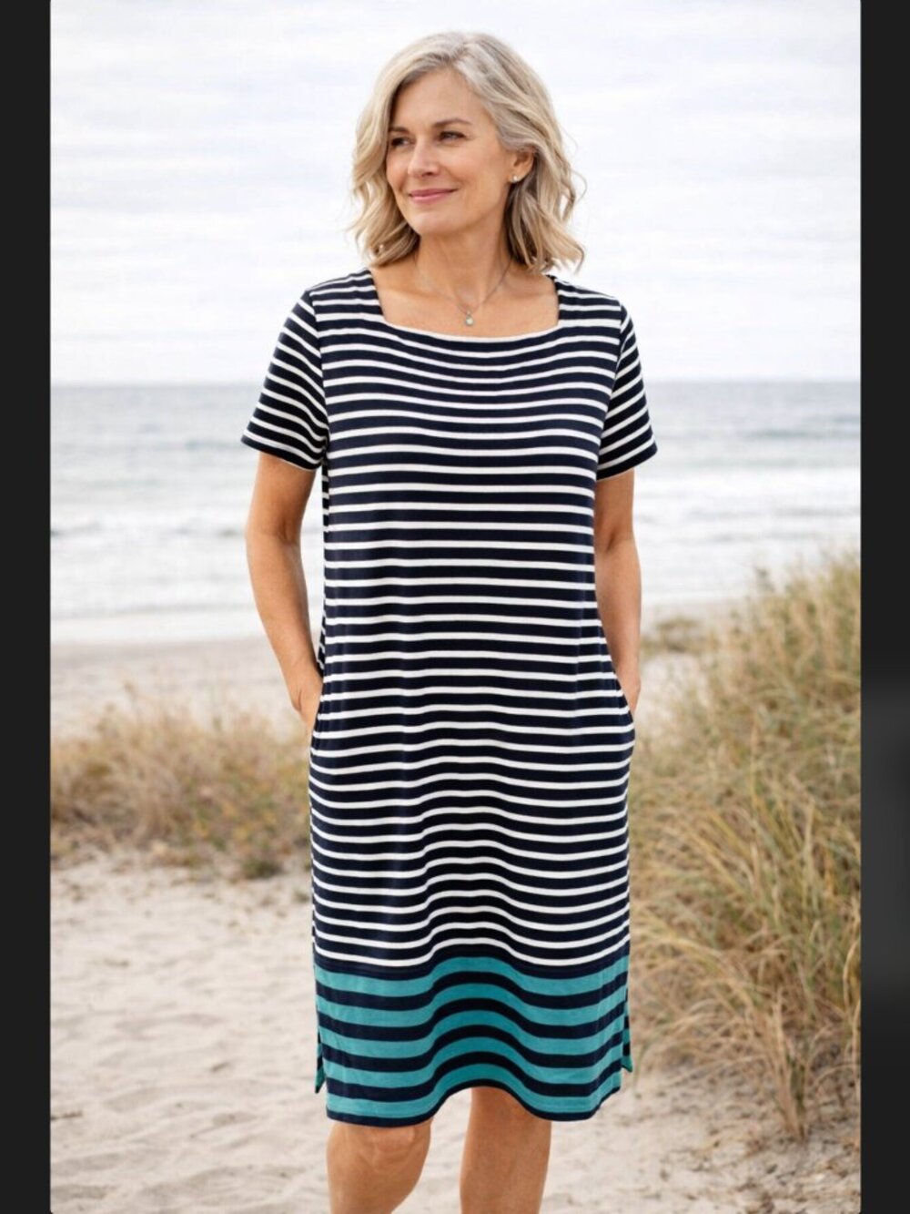 J Jill Striped Midi Dress SP Petite Black White Teal Square Neck Pockets Coastal